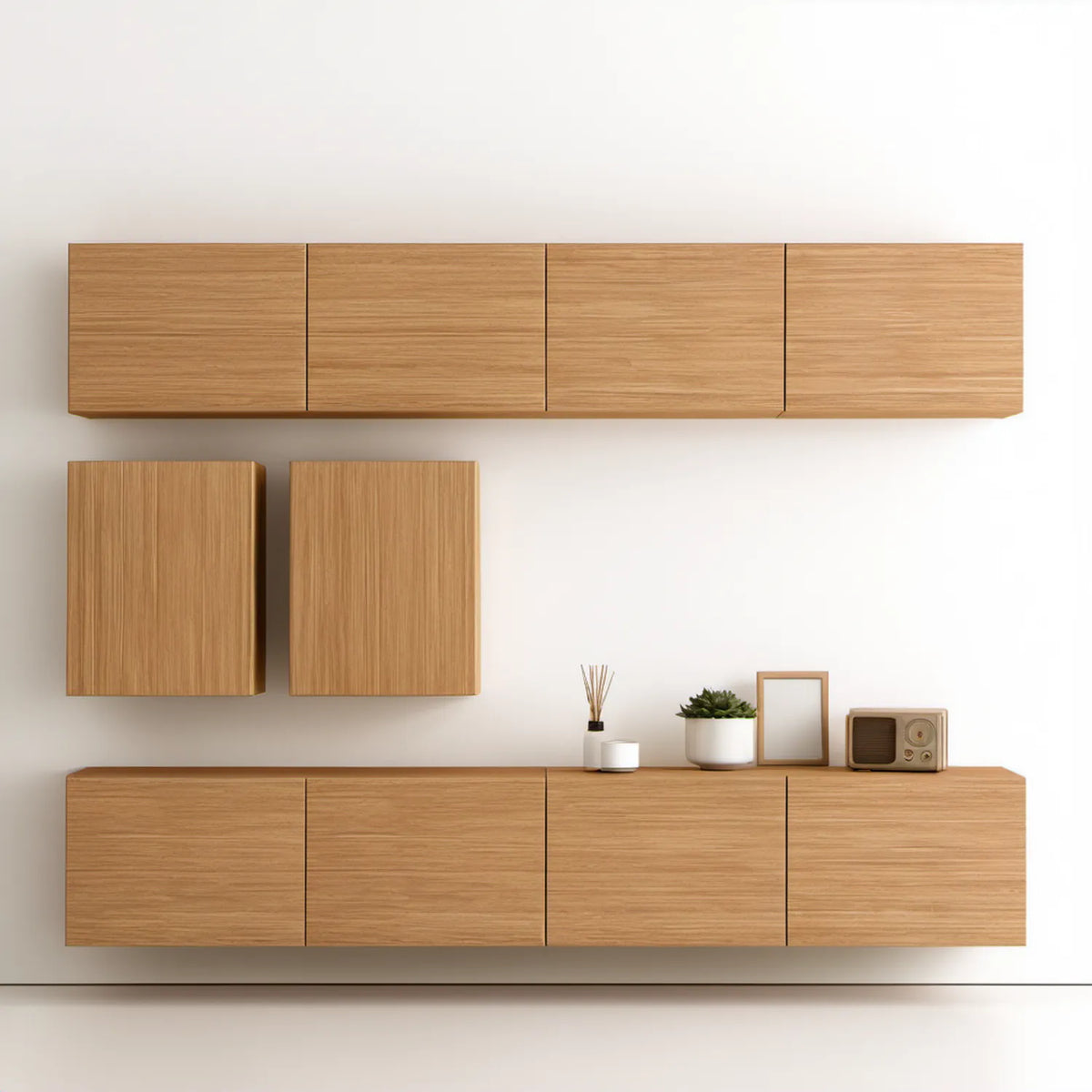 Zestaw 4 wiszących szafek w kolorze naturalnego dębu, MDF, szafka dolna 180 × 40 × 45 cm
