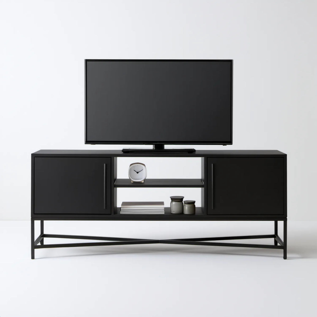 Czarna szafka RTV 160 × 40 × 60 cm z płyty MDF i stali