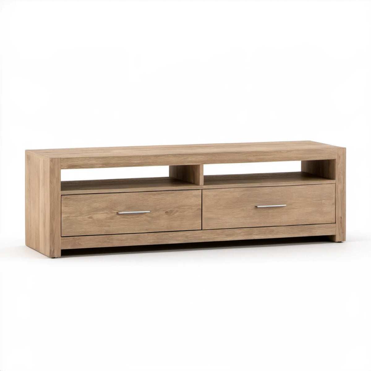 Dębowa szafka pod telewizor z 2 szufladami i 2 otwartymi wnękami 140 x 45 x 50 cm