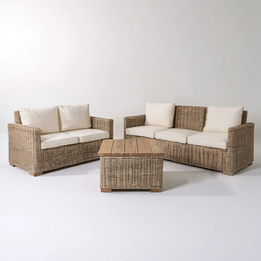 Beżowo-kremowo-brązowy zestaw z naturalnego rattanu z sofą 2-osobową 150 x 85 x 78 cm, sofą 3-osobową 210 x 85 x 78 cm i stolikiem 110 x 60 x 45 cm