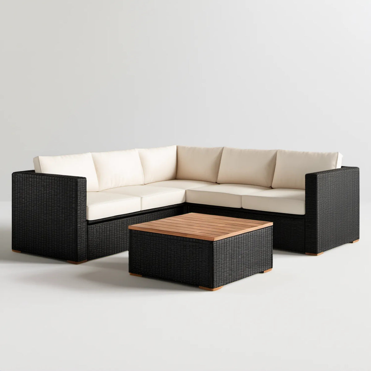 Ogrodowa sofa narożna w kształcie L ze stolikiem, czarna/kremowa/brązowa, 250 × 250 × 70 cm