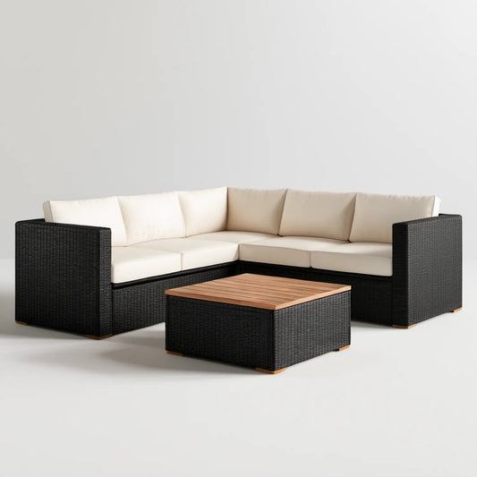 Ogrodowa sofa narożna w kształcie L ze stolikiem, czarna/kremowa/brązowa, 250 × 250 × 70 cm