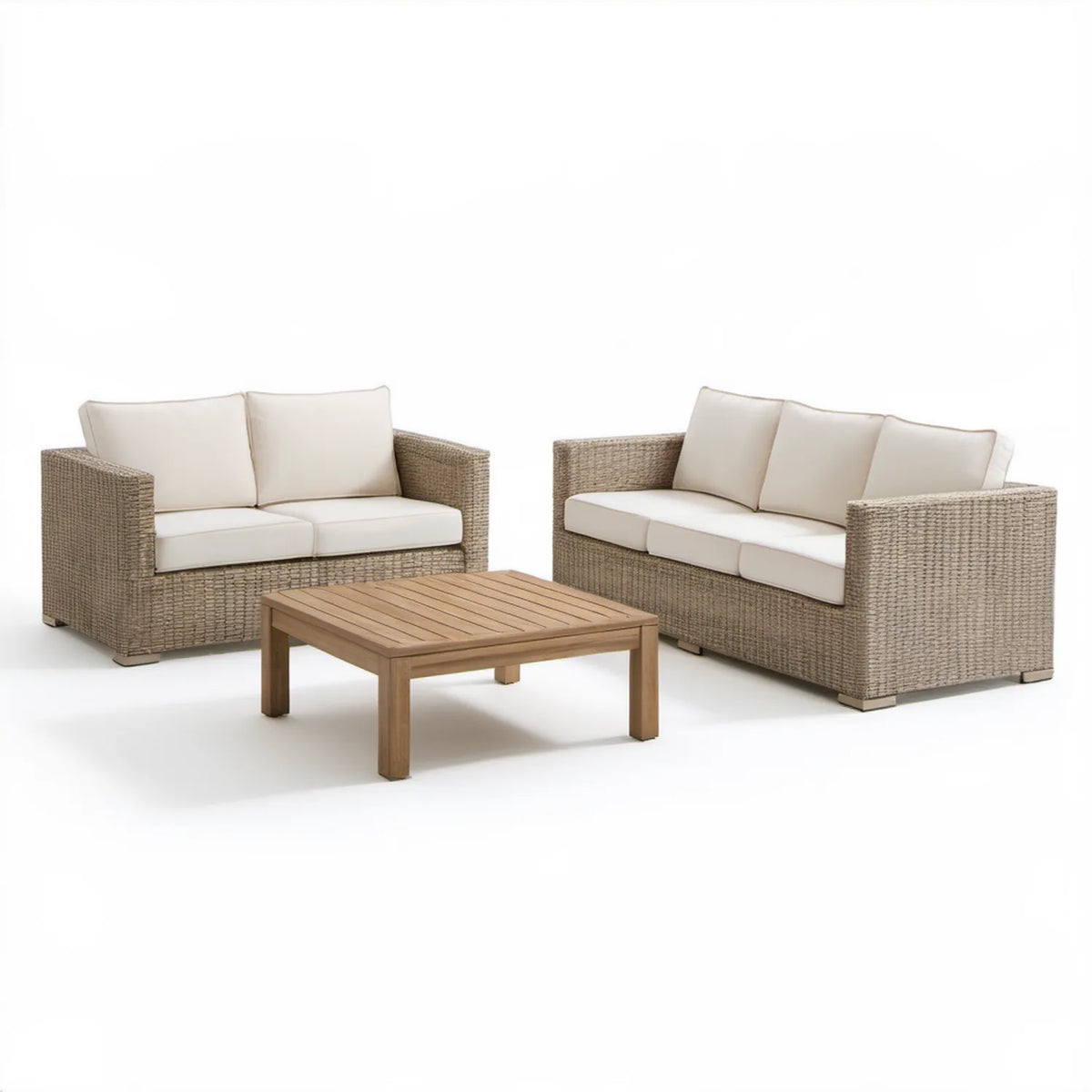 Beżowy zestaw wypoczynkowy z technorattanu PE – sofa 3-osobowa 200 × 80 × 78 cm, sofa 2-osobowa 140 × 80 × 78 cm i stolik 100 × 60 × 45 cm