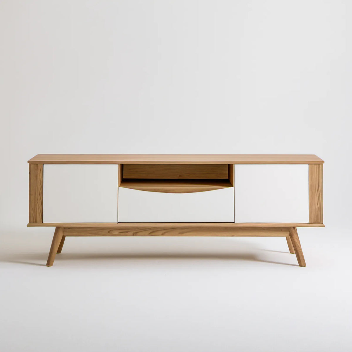 Szafka RTV z forniru dębowego, naturalny dąb/biały, 160 × 45 × 60 cm