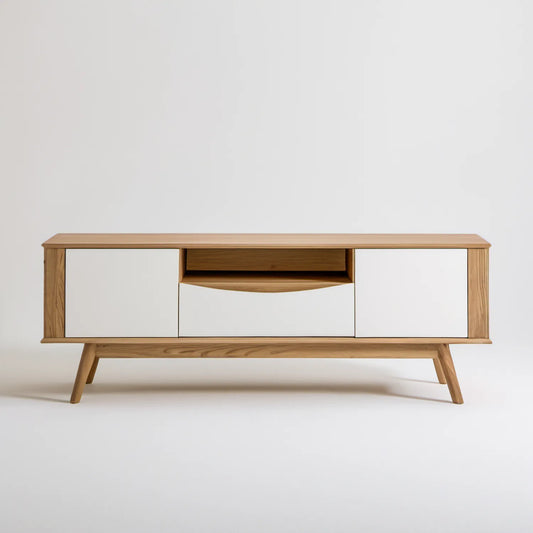 Szafka RTV z forniru dębowego, naturalny dąb/biały, 160 × 45 × 60 cm