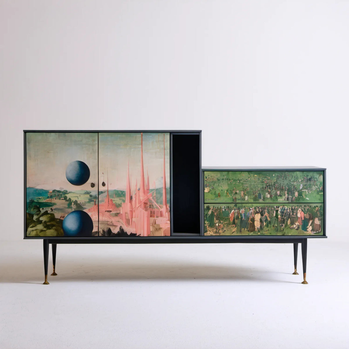 Czarna szafka RTV z wielobarwnym nadrukiem, 180 × 45 × 90 cm, MDF i stal