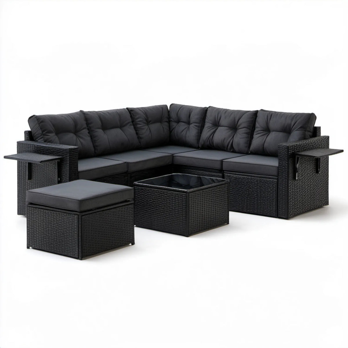 6-elementowy narożnik ogrodowy z technorattanu PE w kształcie L 215 x 215 x 63 cm czarny