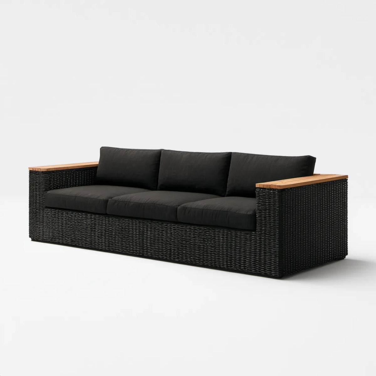 Czarna sofa ogrodowa trzyosobowa z technorattanu PE, 210 x 80 x 75 cm