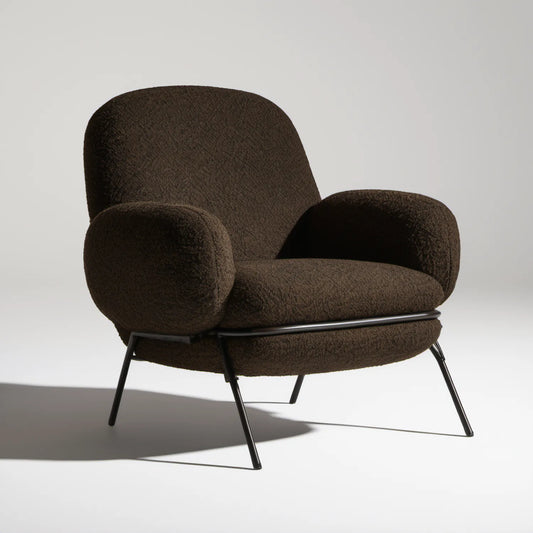 Ciemnobrązowy fotel wypoczynkowy bouclé 82 x 85 x 78 cm na czarnej stalowej podstawie