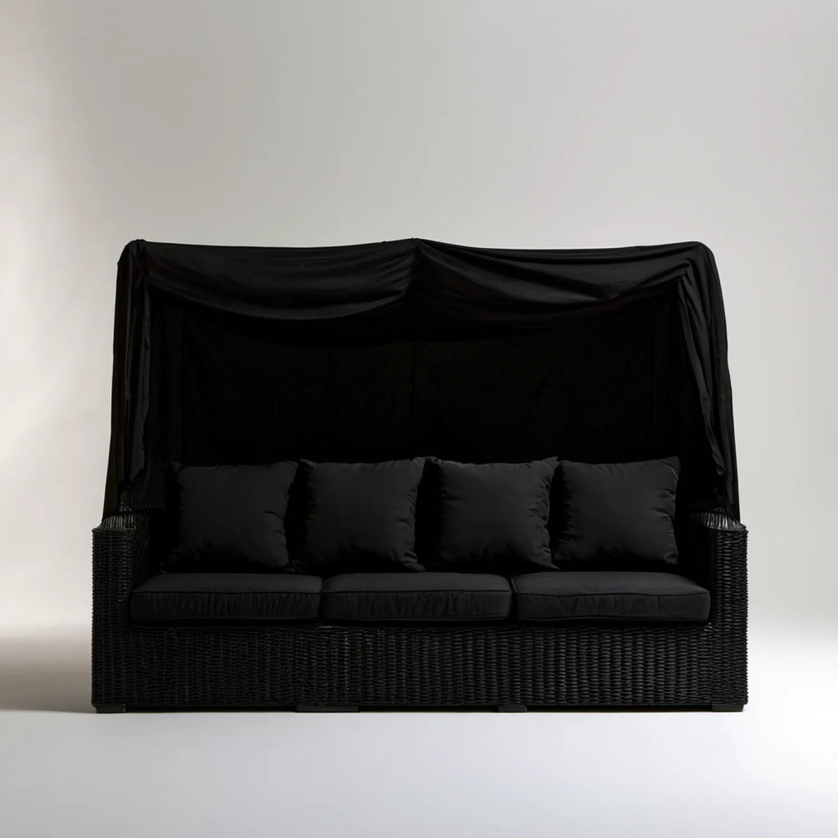 Trzyosobowa sofa ogrodowa z daszkiem z technorattanu PE, czarna, 220 x 90 x 200 cm
