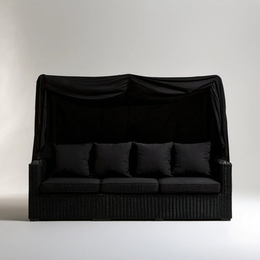 Trzyosobowa sofa ogrodowa z daszkiem z technorattanu PE, czarna, 220 x 90 x 200 cm