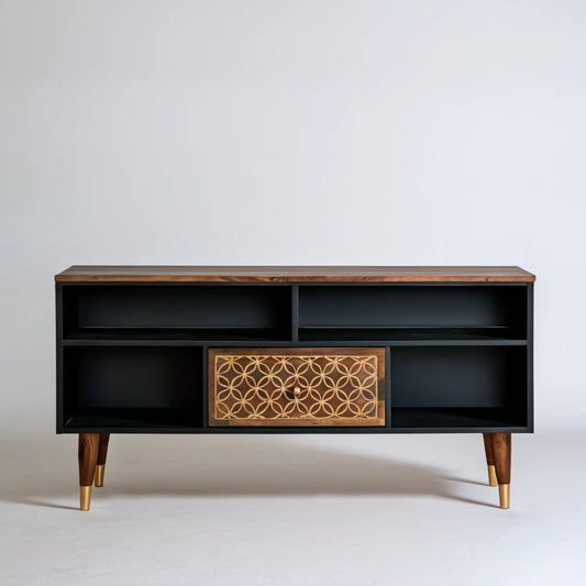 Szafka RTV z litego drewna mango czarno-brązowo-złota 150 x 40 x 65 cm