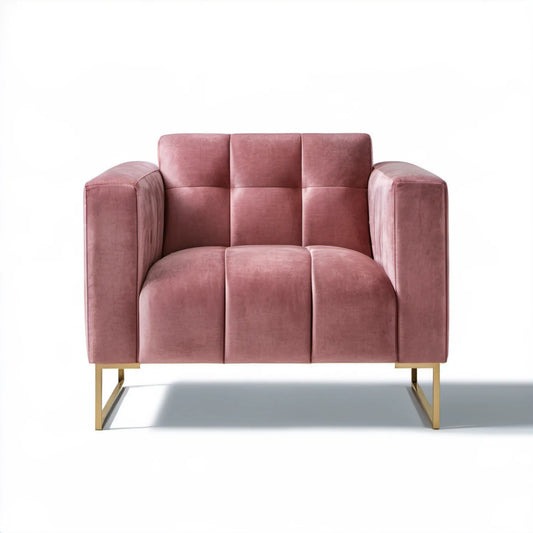 Różowy fotel wypoczynkowy z aksamitną tapicerką i złotymi nogami, 90 x 85 x 90 cm