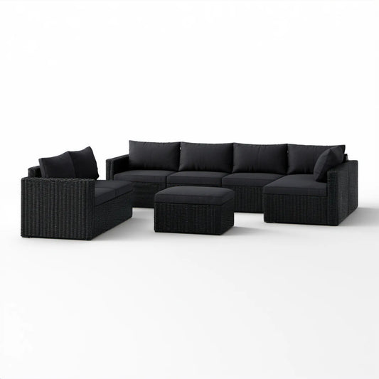 Czarny zestaw wypoczynkowy z technorattanu PE z sofą 3-osobową, fotelem i pufą, sofa 180 x 70 x 60 cm